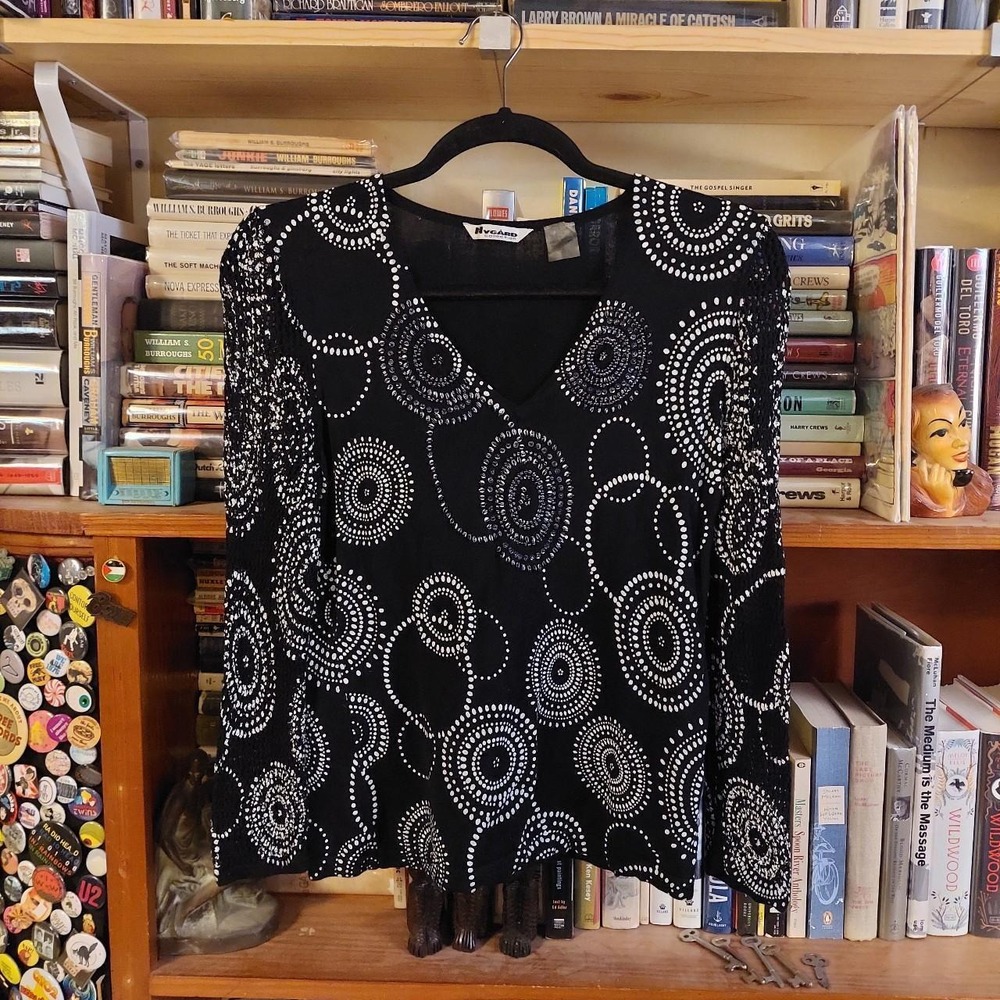 Nygard Collection Y2K Black White Swirl Print Beaded Mesh Sleeve Top Small